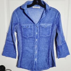 Pologarage Shirt Womens Medium Blue Long Sleeve Button Up Pockets Casual Y2K